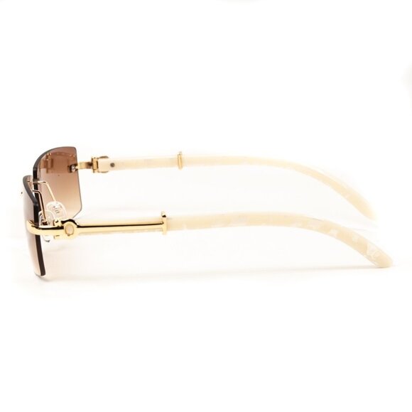 Hip Hop Gold Frame Brown Tint Rimless White Woodgrain Arm Buffs Sunglasses - Picture 7 of 7